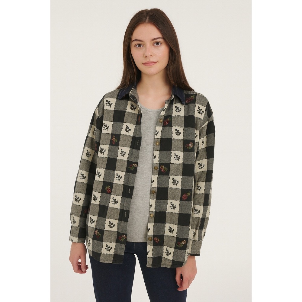 CASEY & MAX Shacket Shirt Top‎ Women's Size XL Plaid Leaves Embroidery Floral